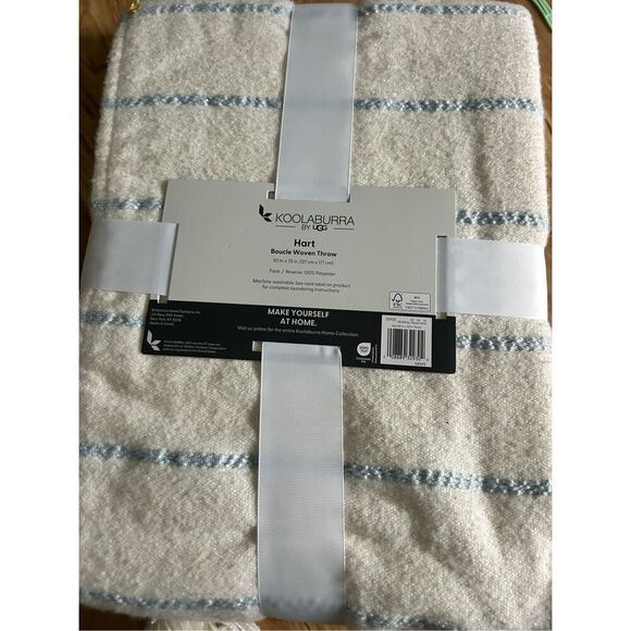 Ugg Koolaburra Throw Blanket Woven White Blue Striped Tassels 50” x 70” New - Picture 6 of 6